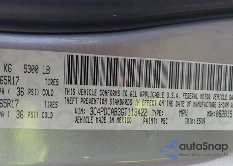 2016 Dodge Journey Se из США, поврежденный, VIN 3C4PDCAB3GT119422